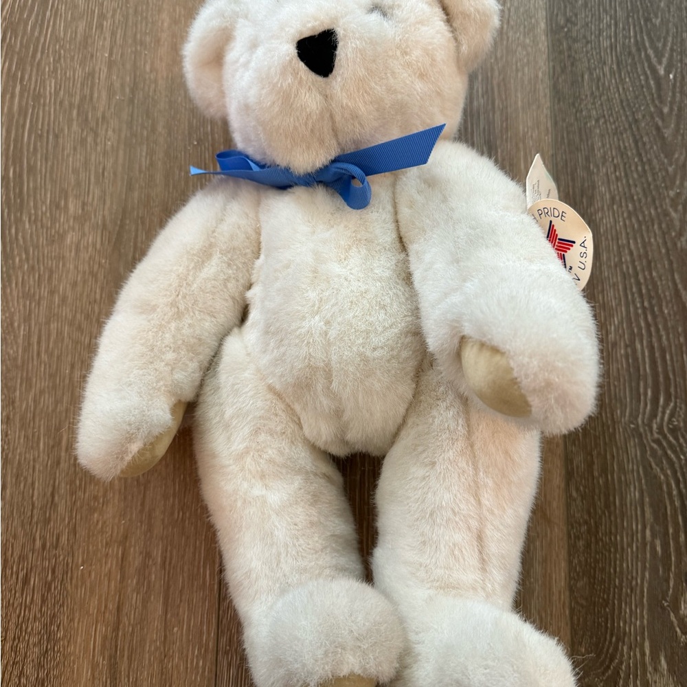 The Vermont teddy bear company made in‎ USA plush Cream Teddy Bear Blue Ribbon